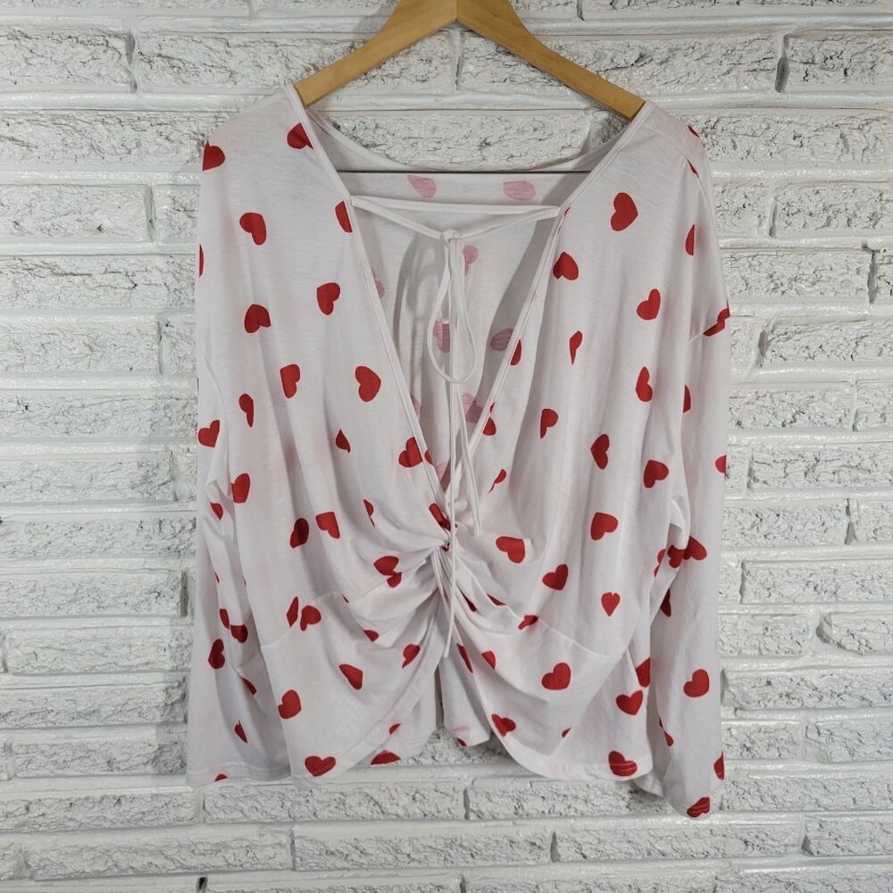 Shein Plus Size 2XL Valentines White Open Front Lace Up Blouse Long Sleeve D6E